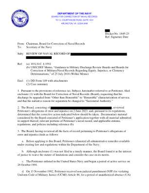 参考：签名日期发件人：海军记录修正委员会主席致：海军部长主题：海军记录审查参考：(a) 10 USC § 1552 (b) USECDEF 备忘录，“关于公平、不公正或赦免裁定的军事退伍审查委员会和军事/海军记录修正委员会指南”，2018 年 7 月 25 日（威尔基备忘录）附件：(1) DD 表格 149 及附件(2) 案件摘要 1. 根据参考（a）的规定，主体，以下简称请愿人，向海军记录修正委员会（委员会）提交了附件（1），要求将其退伍从“不光荣”升级为“光荣”，并将其退伍叙述理由改为“秘书权限”。 2. 委员会由 组成，于 2023 年 6 月 2 日审查了请愿人的错误和不公正指控，并根据其规定确定应采取以下纠正措施。委员会审议的文件材料包括请愿人的申请及其提交的所有支持材料、请愿人海军记录的相关部分以及适用的法规、规章和政策，包括参考文献 (b)。3. 委员会审查了与请愿人的错误和不公正指控有关的所有记录事实，发现如下：