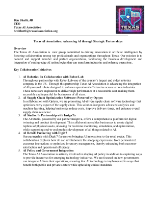 Ben Bhatti, JD 首席执行官 德克萨斯州人工智能协会 benbhatti@texasaiassociation.org