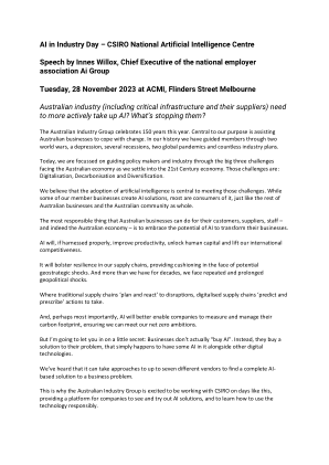 工业人工智能日——CSIRO 国家人工智能中心 澳大利亚国家雇主协会首席执行官 Innes Willox 的演讲